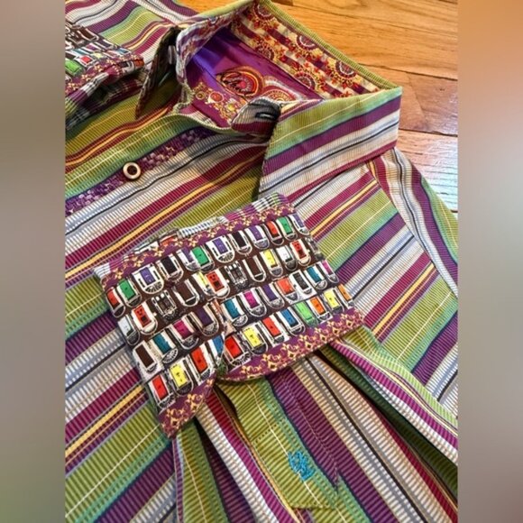 Robert Graham Multi-Colored Long Sleeve Striped Dress Shirt Men's Sz L Flip Cuff - Picture 3 of 15